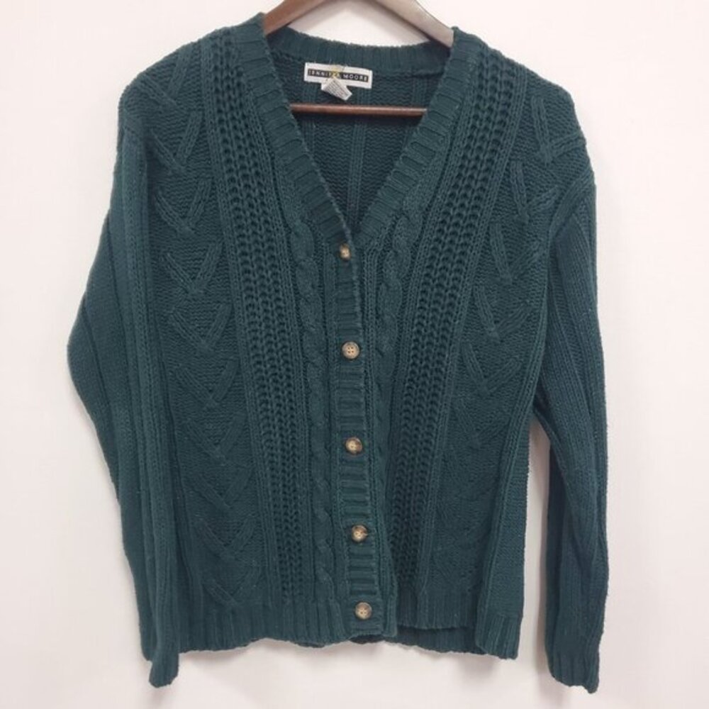 Vintage Jennifer Moore Womens‎ Thick Fisherman Knit Cardigan Size M Green Preppy